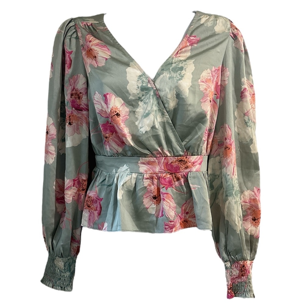 Express Green and Pink Wrap Peplum Blouse